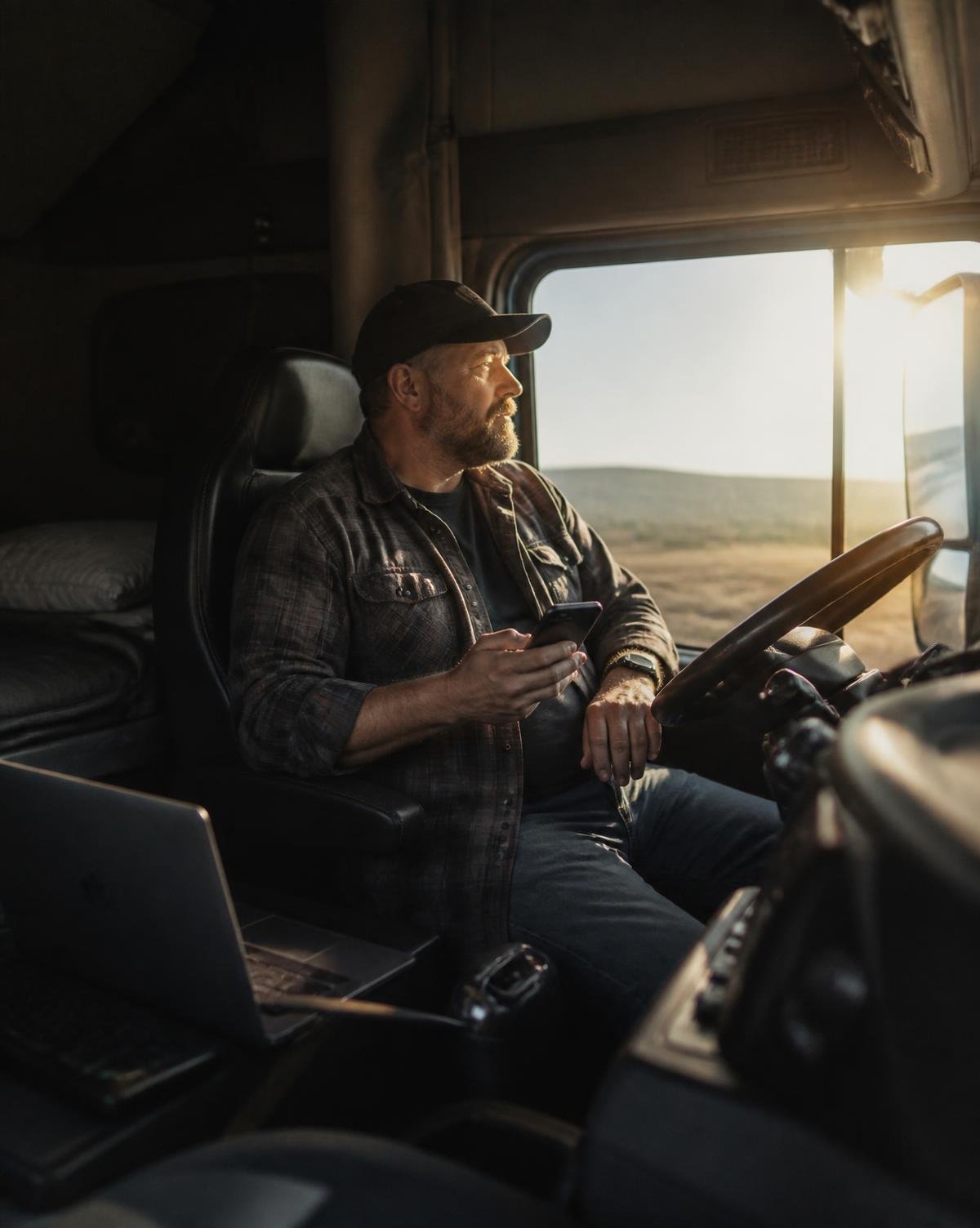 Owner-operator working with dispatch information inside a modern truck cab